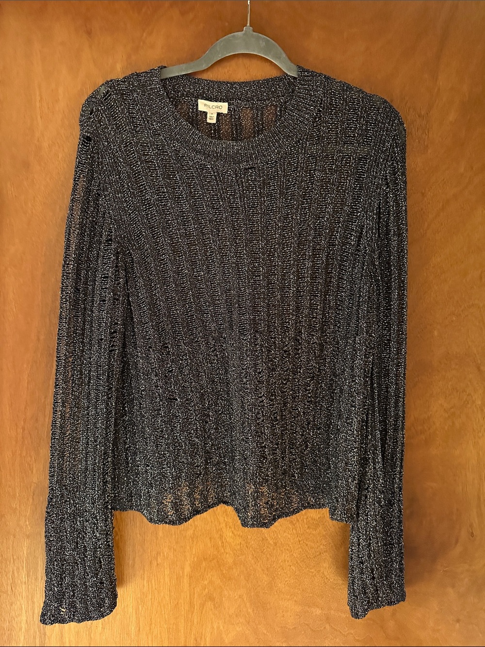 Anthropologie Metallic Black Ribbed Knit Long Sleeve Sweater
